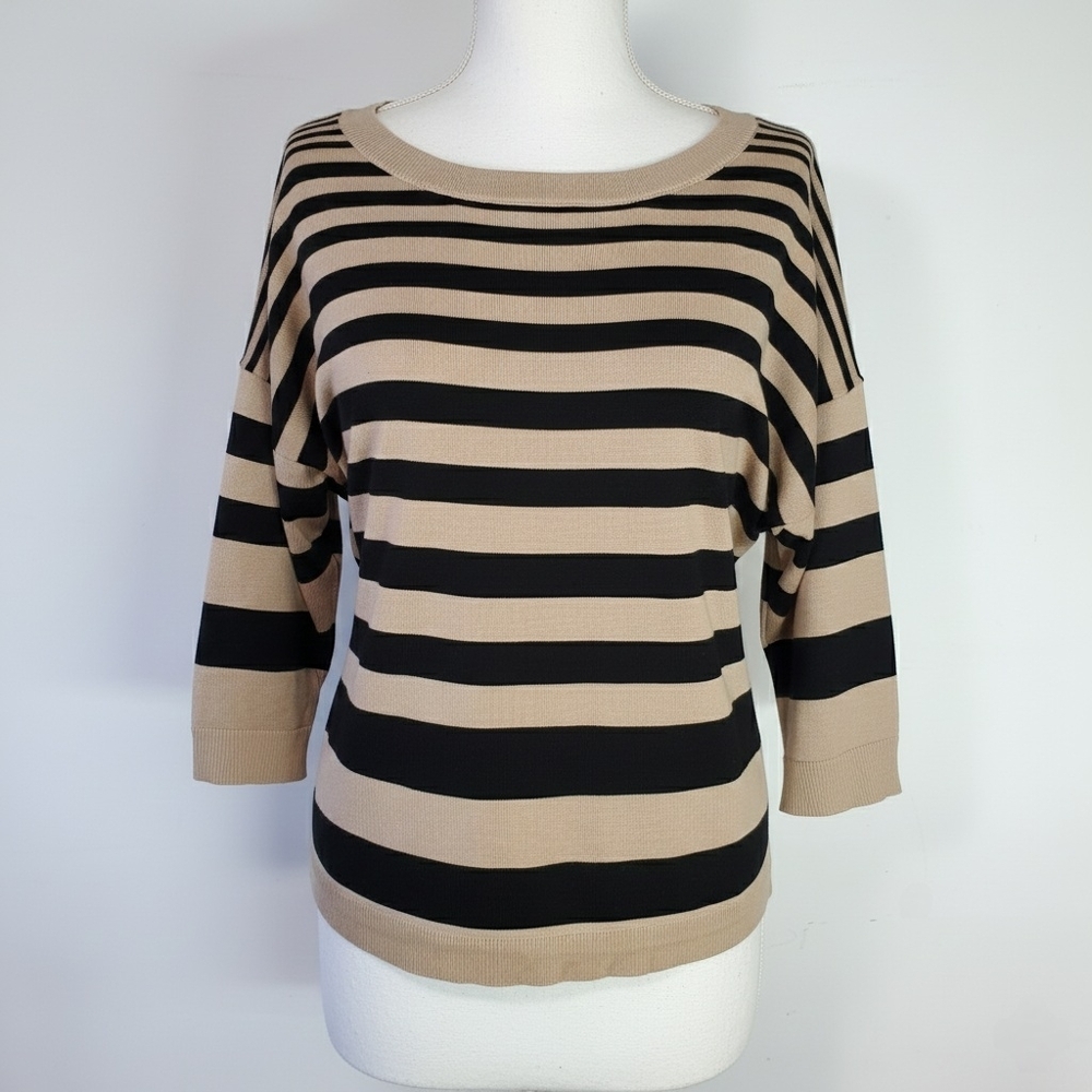 Cable & Gauge Size 1X Sweater 3/4 Sleeve Stripe Button Scoop Neck Beige Black